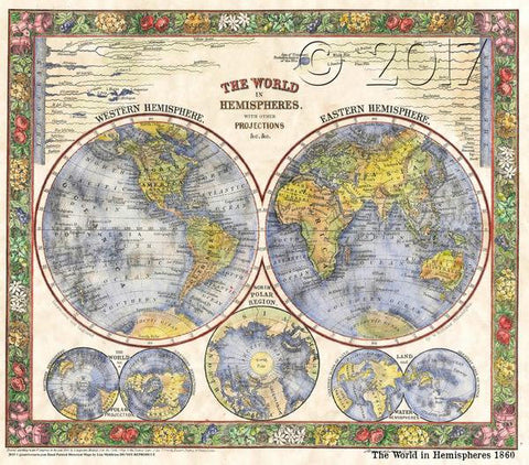 124 The World in Hemispheres 1860 vintage historic antique map painting poster print by Lisa Middleton