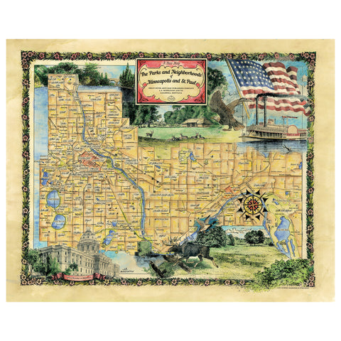 152 Parks and Neighborhoods of Minneapolis and St. Paul Minnesota vintage historic antique map poster print by Lisa Middleton