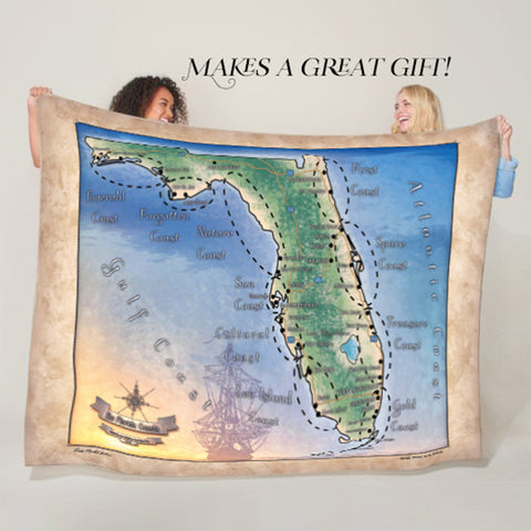 Coasts Florida Map Blanket Double Stitched Edges Cozy Luxury Fluffy Super Soft 430 GSM Polyester Throw Blanket