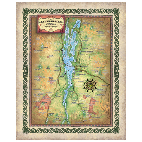Lake Champlain Vermont New York Historic Map Art Print Poster Artwork Vintage Style Abstract Wall-Unframed Great Home Decor & Gift