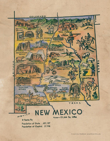 155 Kids map of New Mexico, c. 1950 vintage historic antique map poster print by Lisa Middleton