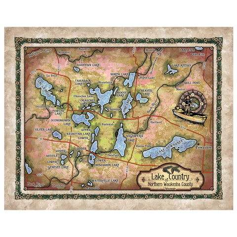 Lake Country of Northern Waukesha Wisconsin Map Art Print Poster Artwork Vintage Style Abstract Wall-Unframed Great Home Decor & Gift