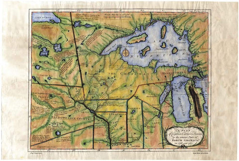 027 Captain Carver's Travels 1781 11x14" Wisconsin,Michigan,Lake Superior,Colton map,hand painted map,Ledger Art,Great River Arts by Lisa Mi