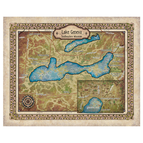 Lake Geneva Southeastern Wisconsin Historic Map Art Print Poster Artwork Vintage Style Abstract Wall-Unframed Great Home Decor & Gift