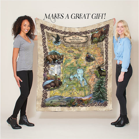Yellowstone National Park Wyoming Montana Map Blanket Double Stitched Edges Cozy Fluffy Super Soft 430 GSM Polyester Throw Blanket