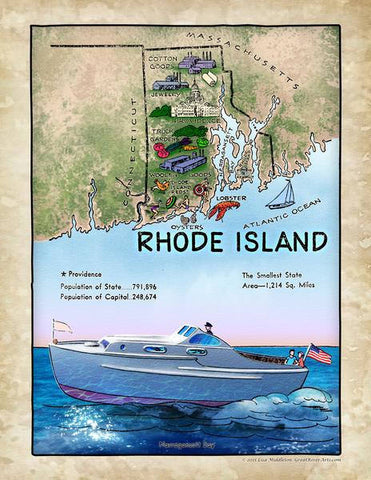 235 Illustrated map of Rhode Island, c. 1950's vintage historic antique map painting poster print by Lisa Middleton