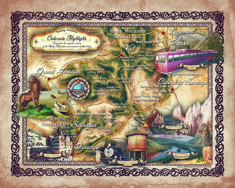167 Colorado Highlights Custom vintage historic antique map poster print by Lisa Middleton