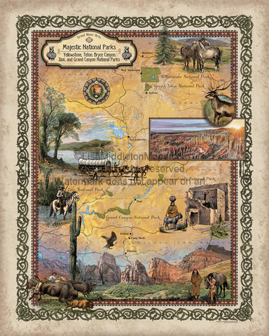 245 Custom map of Majestic Western Parks Yellowstone to Grand Canyon