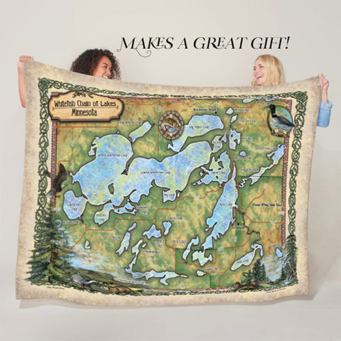 Whitefish Chain of Lakes Minnesota Map Blanket Double Stitched Edges Cozy Luxury Fluffy Super Soft 430 GSM Polyester Throw Blanket