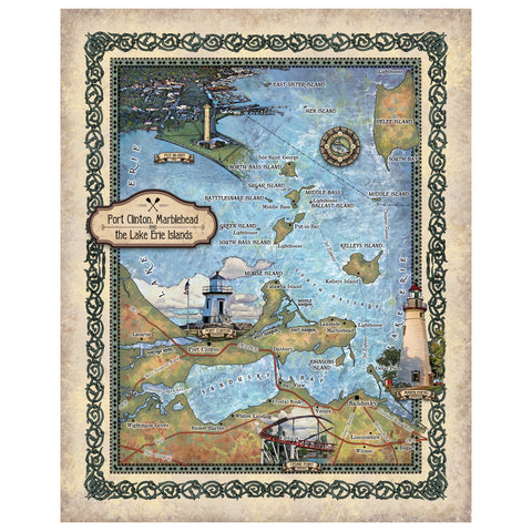 Port Clinton Marblehead and Lake Erie Islands Map Art Print Poster Artwork Vintage Style Abstract Wall-Unframed Great Home Decor & Gift