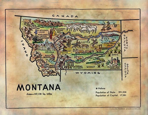 197 Kid's map of Montana 1950s 11x14 vintage historic antique map poster print