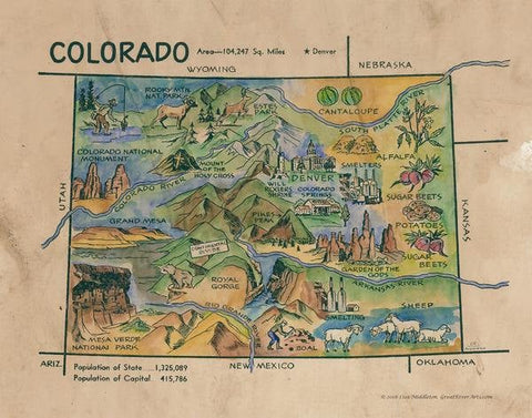 154 Kid's map of Colorado 11x17" vintage historic antique map poster print by Lisa Middleton