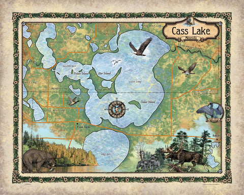 Great River Arts Cass Lake Minnesota Map Art - Ready to Frame Lake House Decor - Great Lakes Map Gift - Vintage Art Print Cabin Decor - Lake House Wall Decor Poster