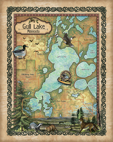 Great River Arts Gull Lake Minnesota Map Art - Ready to Frame Lake House Decor - Great Lakes Map Gift - Vintage Art Print Cabin Decor - Lake House Wall Decor