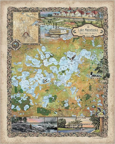 Lake Minnetonka Minnesota Map Art - Unframed Lake House Decor - Great Lakes Map Gift - Vintage Art Print Cabin Decor - Lake House Wall Décor