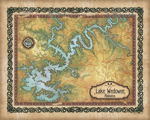 Great River Arts Lake Wedowee Alabama Vintage-Style Map Art - Wood/Metal Sign Rustic Lake House Wall Art Decor - Great Lakes Map Gift - Lake House Wall Decor