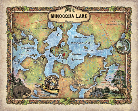 Great River Arts Minocqua Chain of Lakes Map Art - Wisconsin Lakes Map Gift - Ready to Frame Lake House Decor - Vintage Art Print Cabin Decor - Lake House Wall Decor Poster for Living Room