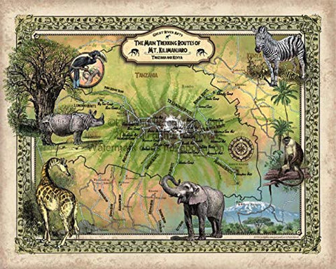 Great River Arts Mt. Kilimanjaro Africa Historic Map Reproduction Artwork Wall Art Print Vintage