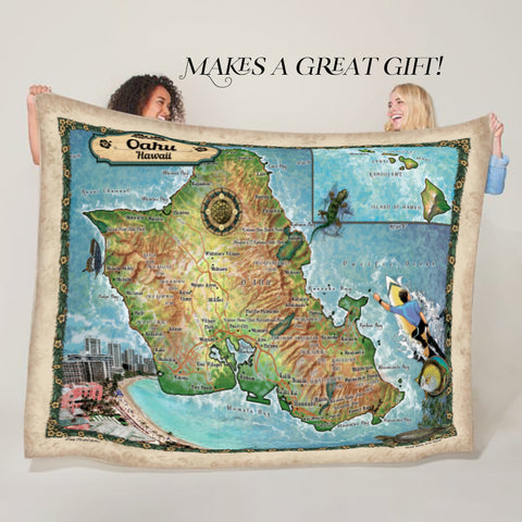 Oahu Hawaii Antique Map Art Blanket Throw Soft Polar/ Silky/ Sherpa Fleece Warm Blanket For Bed Sofa Chair Dorm Gift & Travel