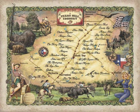 238 Custom Map of Antique Week in the Texas Hill Country vinatge historic antique map painting poster print by Lisa Middleton
