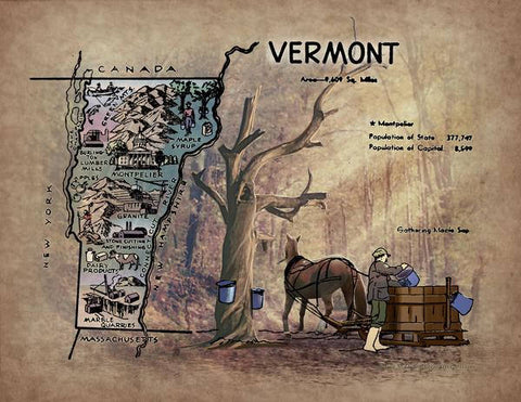236 Illustrated map of Vermont, c. 1950's. vintage historic antique map painting poster print by Lisa Middleton