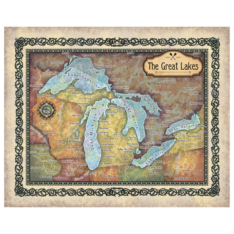 Great lakes map, lake superior, Michigan, Erie, Huron, Canada map, lake art, rustic decor, great lakes decor, cabin art, lake art, wall map