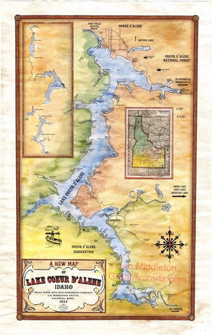 65 A new map of Lake Coeur D'Alene Idaho 11x14" vintage historic antique map poster print