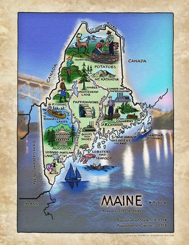 233 Illustrated map of Maine, c. 1950's vintage historic antique map painting poster print by Lisa Middleton