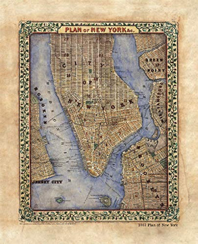 Great River Arts Manhattan New York Antique Brooklyn Historic Map Reproduction Artwork Wall Art Print Vintage