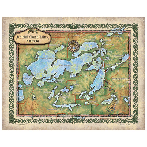 Great River Arts Whitefish Chain of Lakes No Illustrations Historic Map Reproduction Artwork Wall Art Print Vintage