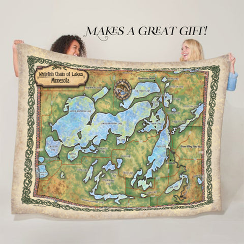 Whitefish Chain of Lakes Minnesota Map Blanket Double Stitched Edges Cozy Luxury Fluffy Super Soft 430 GSM Polyester Throw Blanket