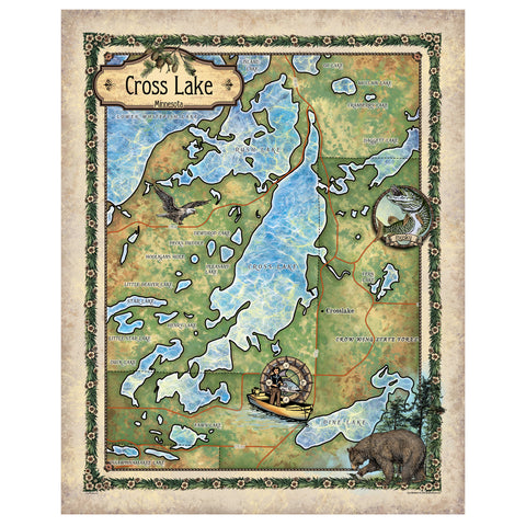 Cross Lake Minnesota Historic Map Art Print Poster Artwork Vintage Style Abstract Wall-Unframed Great Home Decor & Gift