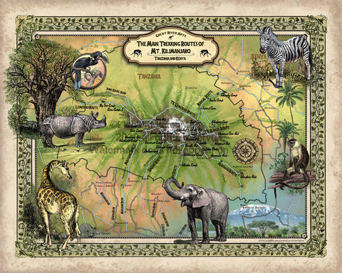 MT KILIMANJARO, mt Kilimanjaro map, safari decor, africa gifts, africa print, African Art, kenya map, safari map, African decor, Rwanda map