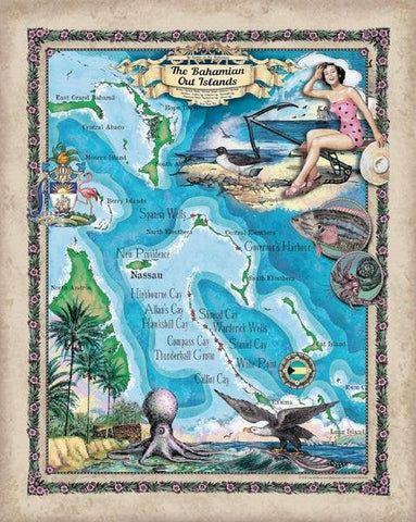 Bahamas map, map Bahamian out islands, island, sailing map coastal art, nautical art, custom map, sailing map, swimming, beaches, cruise