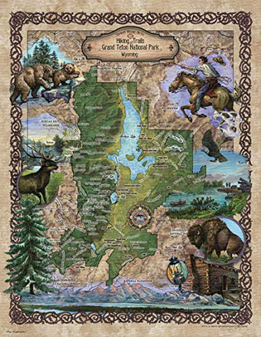 Great River Arts Custom Digitally Colored Teton National Park Hiking Trails Historic Map Reproduction Artwork Wall Art Print Vintage