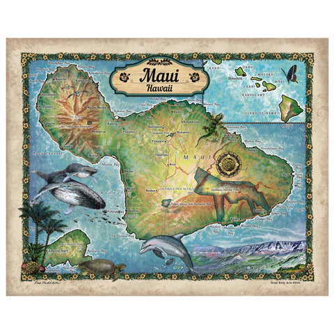 Maui Hawaii Historic Map Art Print Poster Artwork Vintage Style Abstract Wall-Unframed Great Home Decor & Gift