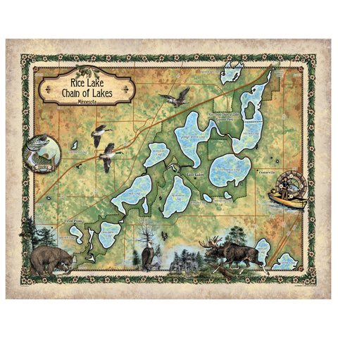 Rice Lake Chain of Lakes Minnesota Historic Map Art Print Poster Artwork Vintage Style Abstract Wall-Unframed Great Home Decor & Gift