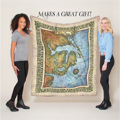 Great River Arts Outer Banks North Carolina Vs.2 Vintage Style Map Sherpa Fleece Blanket Double Stitched Edges Cozy Luxury Fluffy Super Soft 430 GSM Polyester - Sherpa/ Silky/ Polar Fleece Throw Blanket