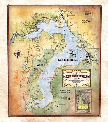 68 Lake Pend Oreille Idaho 11x14" Vintage Map Prints,Vintage Map Poster,Hand Painted Map,Historic Map,Antique Map,Great River Arts By Lisa M