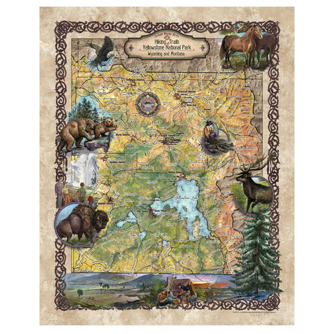 yellowstone, yellowstone map, yellowstone art, national park, hiker gift, wyoming gifts, montana maps, wyoming gifts, buffalo, western map
