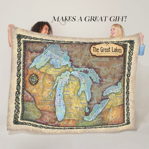 Great Lakes Minnesota Wisconsin Michigan Ohio Canada Map Blanket Double Stitched Edges Luxury Fluffy Super Soft Polyester Throw Blanket