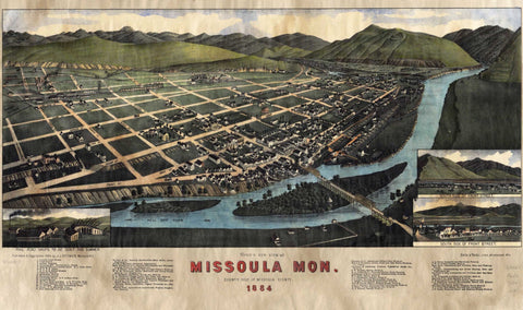 076 Missoula 1884 Montana 11 x 14" bitterroot map,Hand Painted Map,Historical Map,Vintage Map,Great River Art,Antique Map, By Lisa Middleton