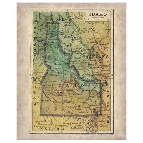 53 Idaho,Panhandle,Boise,Rocky Mountains,Country Western 1906 Historical Hand Painted Map,Ledger Art,Map Art,Great River Artby Lisa Middleto