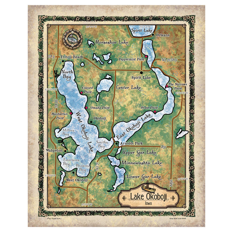 Iowa Lake Okoboji map, lake art, custom lake map, iowa gift, lake house, rustic decor, Iowa maps, vintage maps, poster, print, wall art, map