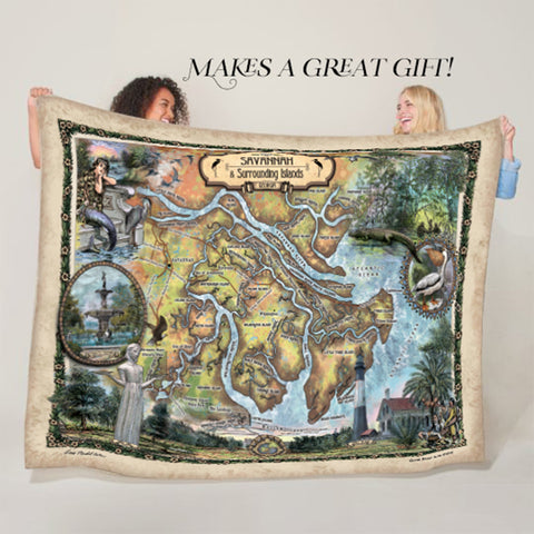 Savannah and Tybee Georgia Map Sherpa Fleece Blanket Double Stitched Edges Cozy Luxury Fluffy Super Soft 430 GSM Polyester Throw Blanket