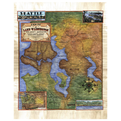 Lake Washington Seattle Historic Map Art Print Poster Artwork Vintage Style Abstract Wall-Unframed Great Home Decor & Gift