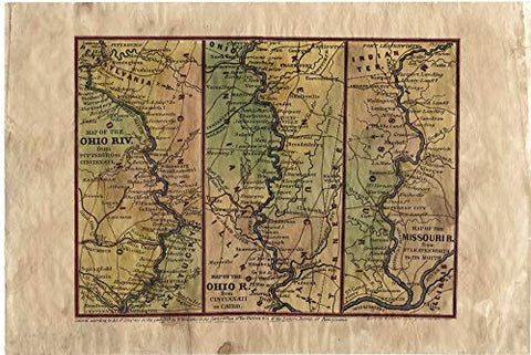 Great River Arts Missouri, Ohio, and Mississippi River Ribbon Historic Map Reproduction Artwork Wall Art Print Vintage