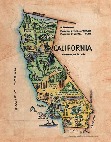 California, old california map, kid's retro map, california decor, california gifts, vintage california map, vintage california, retro gifts