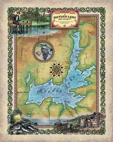 Hayden Lake, idaho, Idaho lake, lake map, lake life, lake art, lake house, vintage lake map, lake gifts, idaho gifts, idaho lakes, fishing