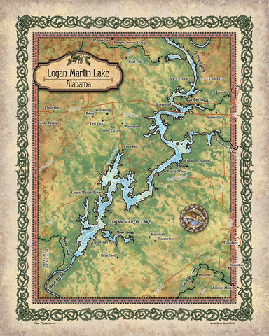 Great River Arts Logan Martin Lake Historic Map Reproduction Artwork Wall Art Print Vintage